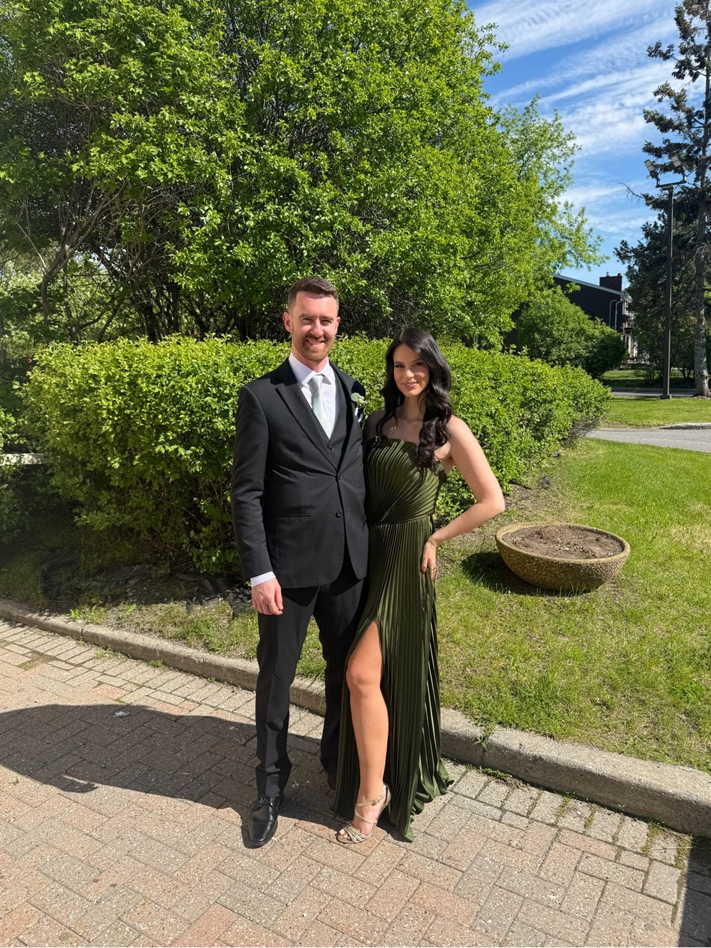 Olive Green Pleated Evening Gown with Side Slit